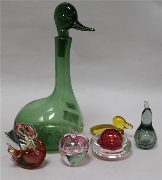 A novelty duck decanter, Empoli, Italy and five paperweights